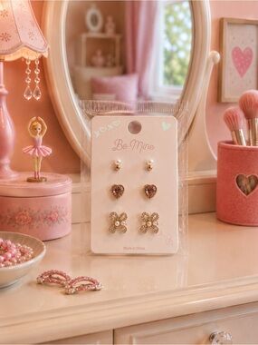 Be Mine Pink and Gold Heart & Bow Kids Earring Set